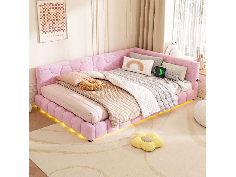  Banquette-lit 140*200cm, sans matelas, éclairage led 16 couleurs, port usb type-c, velours blanc, douceur  - Conforama C