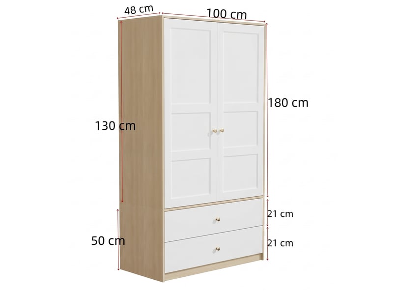 Armoire double porte avec 2 tiroirs et tringle pour chambre et bureau, en mdf, blanc et effet bois, 100 × 48 × 180 cm - Conforama E