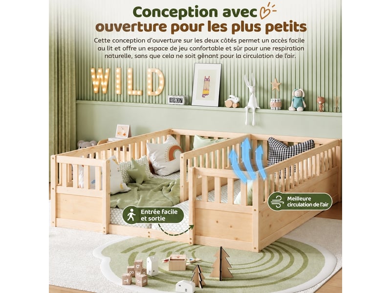 Lit au sol pour deux enfants, barrières hautes, pin naturel, 2 x 90 x 200 cm  - Conforama E