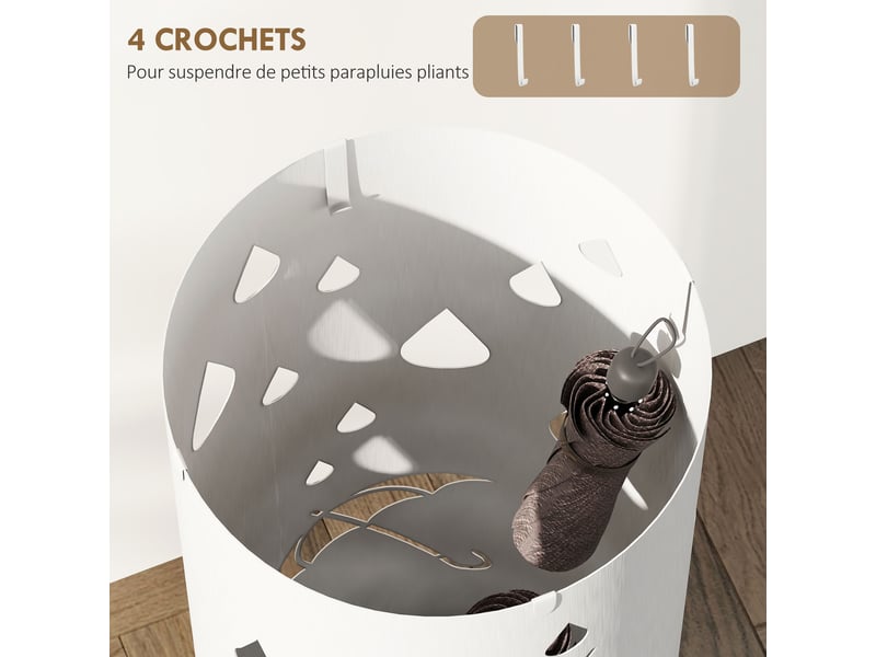  Porte parapluie cylindrique support pour parapluies bac d'égouttement amovible et 4 crochets, blanc,  17 x 41 cm  - Conforama R