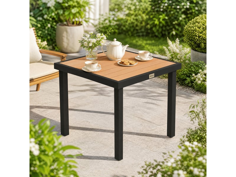  Table de jardin ulevr carrée pour 4 personnes, 78 x 78 x 74 cm, résistante aux intempéries, plateau en plastique effet bois, cadre en aluminium noir  - Conforama E