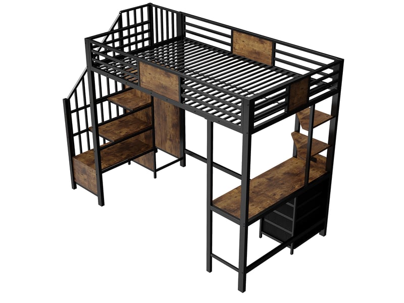  Lit mezzanine noir 90x200cm avec rangement, armoire, bureau et étagères, éclairage led, confort durable - fer - pour enfant ado  - Conforama D
