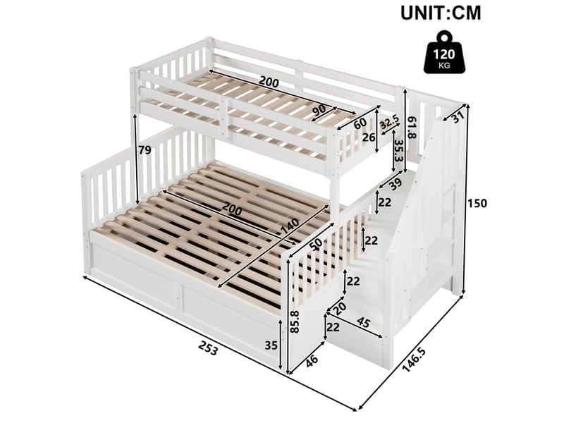 Lit superposé enfant 90x200 cm et 140x200 cm avec rangement blanc et naturel  - Conforama C