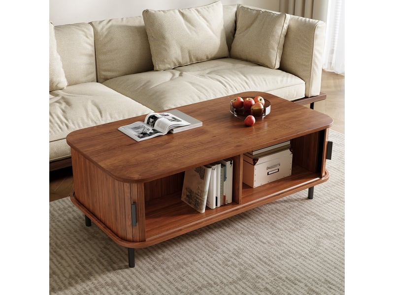 Table basse, avec rangement intégré, 100 x 50 x h 45 cm, noyer, structure en mdf, portes coulissantes, style moderne, façades à rainures verticales Luxe haut de gamme - Conforama E