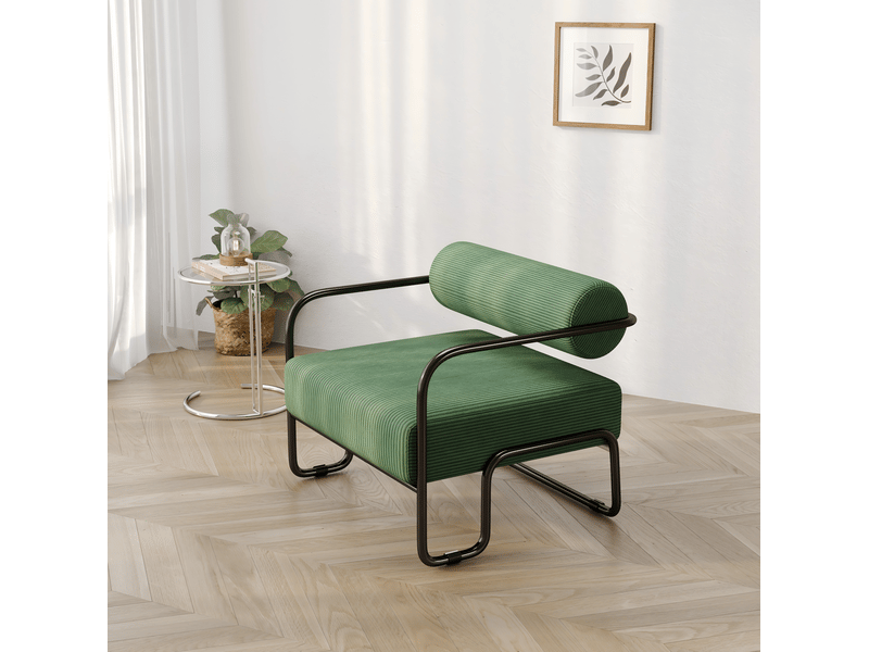  Fauteuil lounge avec dossier cylindrique et structure métallique, design moderne en velours côtelé vert  - Conforama E