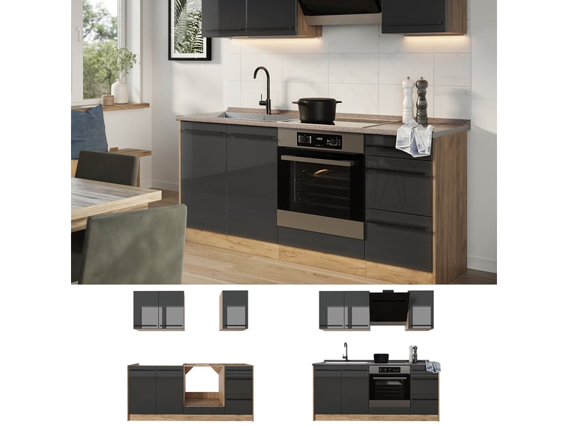 Vicco cuisine, anthracite haute brillancechêne doré, 180cm sans plan de travail - Conforama D