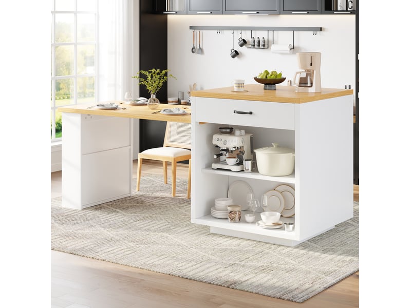  Îlot de cuisine extensible avec led, 2 tiroirs et portes en verre strié, blanc, 126-196x70x94 cm  - Conforama E