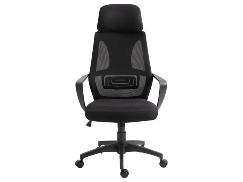  Chaise de bureau ergonomique en mesh noir, appui-tête, soutien lombaire, accoudoirs, inclinable  - Conforama A