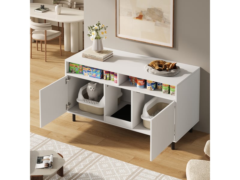  Meuble tv blanc pour litière féline 120 cm, rangement à 2 emplacements et tapis collecteur inclus, discret  - Conforama B