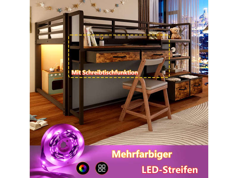  Lit mezzanine enfant 140 x 200 cm avec bureau, rangements, tiroirs en tissu, rideau, étagères et led, structure en métal noir evarich - Conforama D