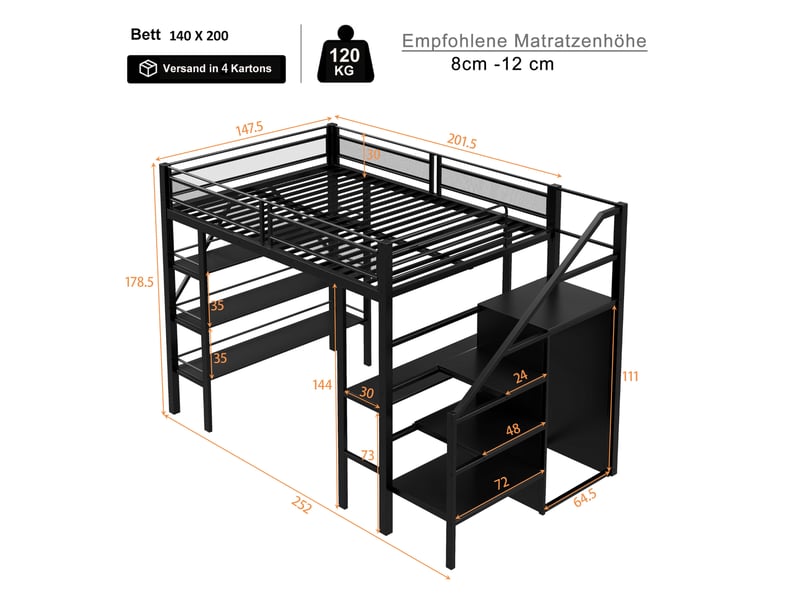  Lit mezzanine 140x200 cm avec bureau, armoire et escalier de rangement noir  - Conforama C