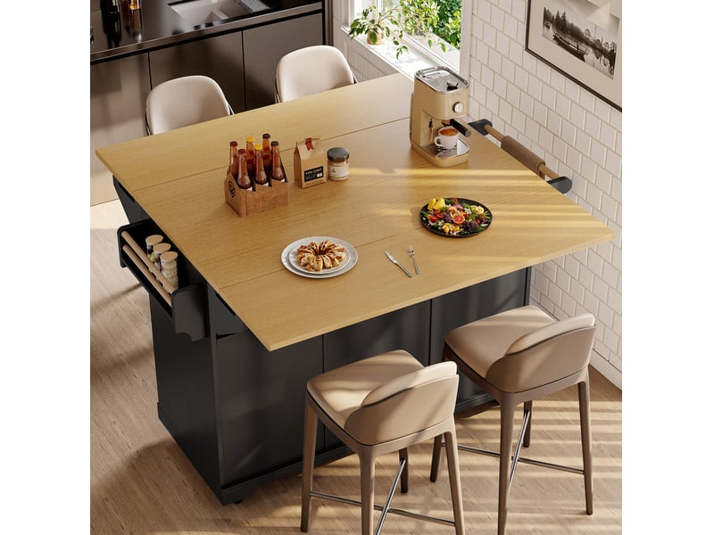  Îlot de cuisine 142,5x40(80)x95 cm, 3 tiroirs, 2 portes et plateau pliable, pour cuisine, en mdf et métal, bois et noir  - Conforama B