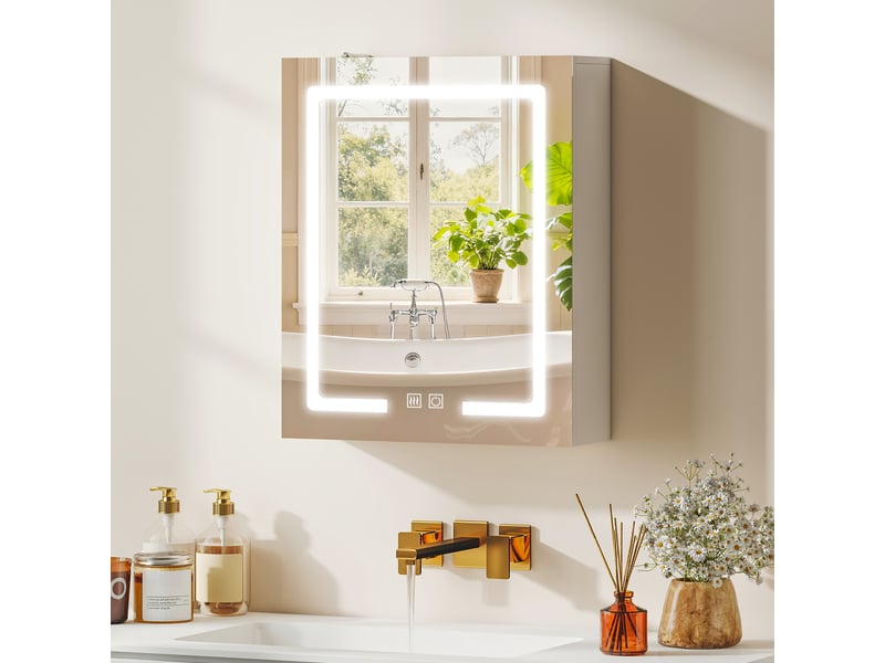  Armoire murale salle de bain avec miroir et éclairage led, anti-buée, 50 x 15 x 60 cm, étagères réglables, blanc  - Conforama B