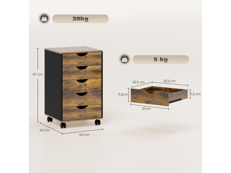  Caisson bureau mobile, meuble rangement sur roulettes avec 5 tiroirs, bois, marron, 40 x 40 x 67 cm  - Conforama C