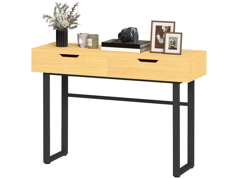  Console étroite à 2 tiroirs, structure en métal, pour entrée, 110 x 35 x 76,5 cm, finition naturelle  - Conforama B