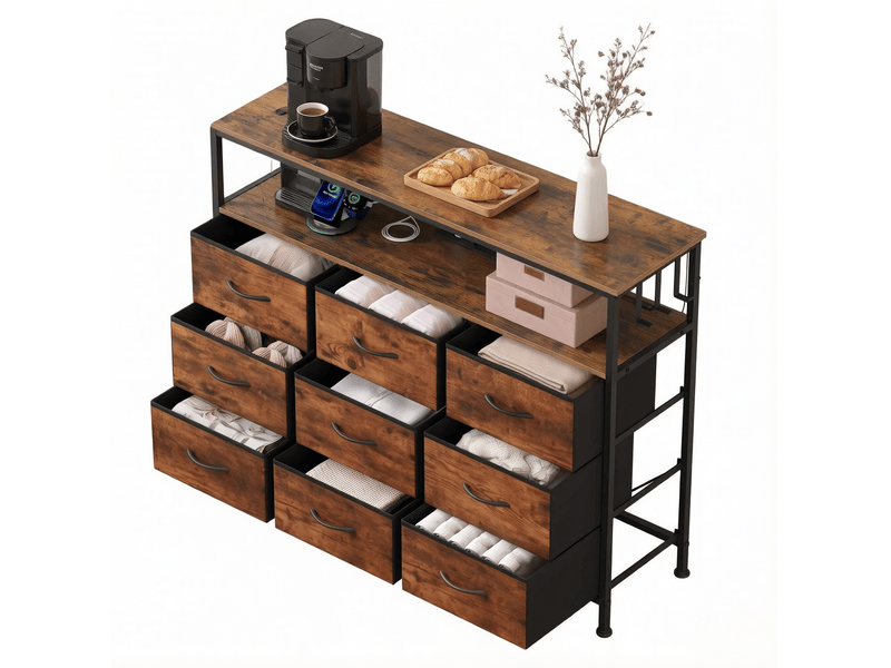 Meuble de rangement,110x30x85 cm,9 tiroirs avec led,mdf,marron rustique et noir - Conforama E