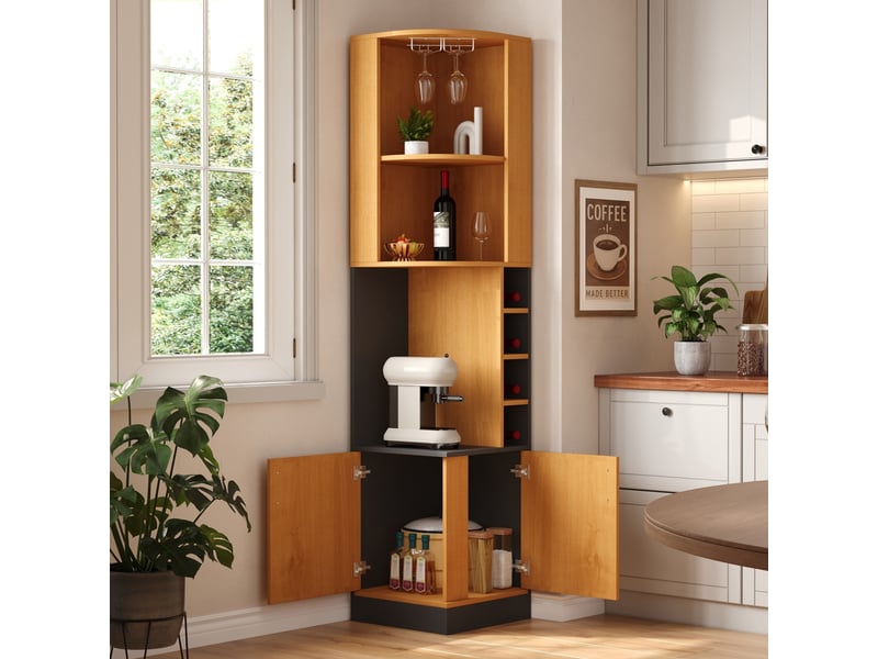  Meuble bar d'angle 182cm armoire à vin avec porte-verres rangement cuisine salon mdf naturel 40x40cm  - Conforama C