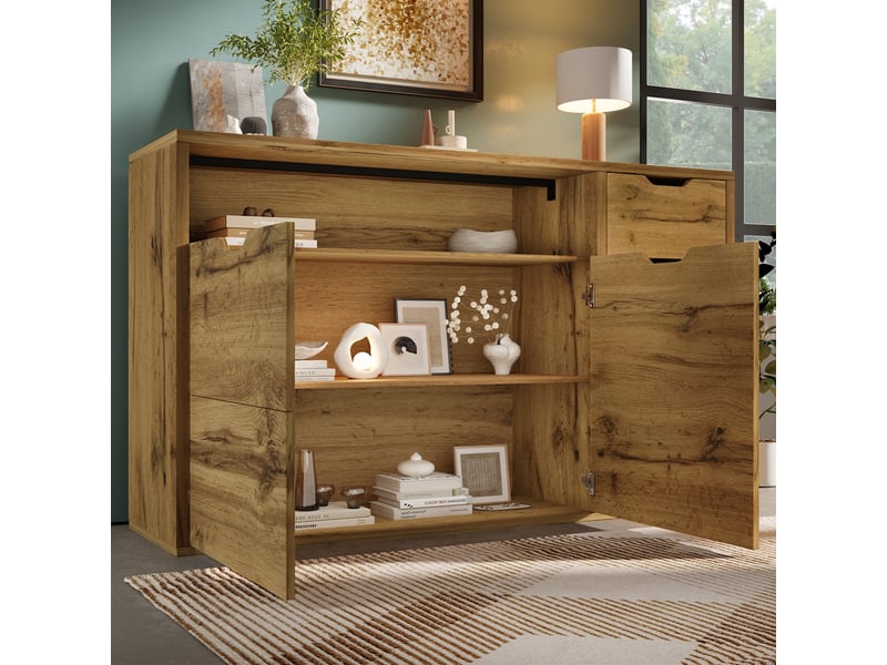  Buffet effet chêne 150 cm, 2 portes et 4 tiroirs, compartiment ouvert  - Conforama E
