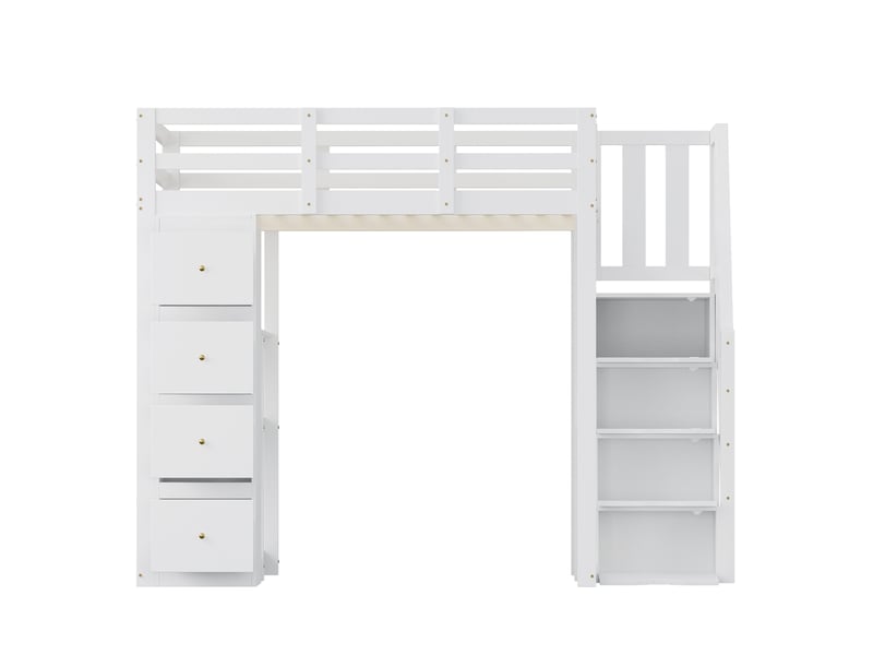  Lit mezzanine 140x200cm, li enfant avec 4 tiroirs, étagères, escalier, espace de rangement et sommier, pin+mdf blanc, sans matelas  - Conforama R