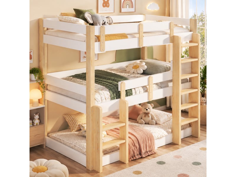 Lit superposé triple 90x190 cm blanc, 3 couchages en pin et mdf, avec échelle intégrée et garde-corps - Conforama E