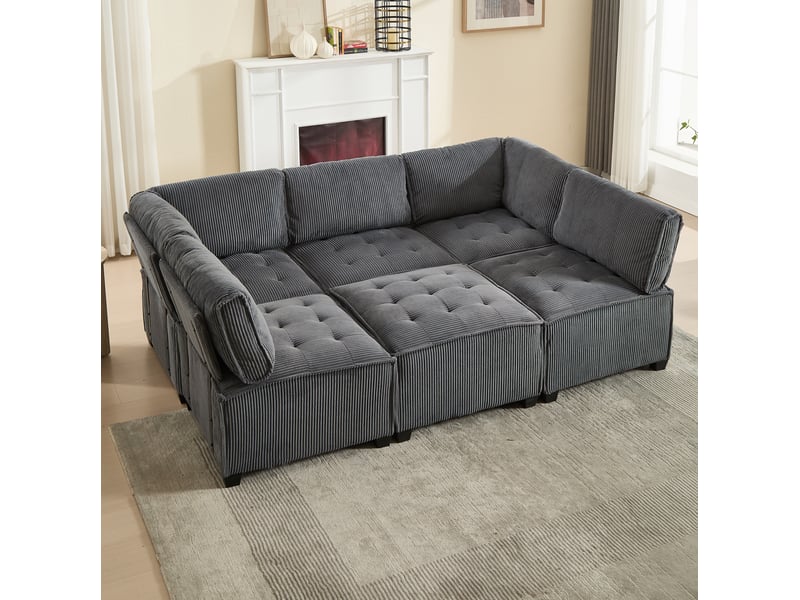 Canapé modulable modenvie 6 places en velours côtelé gris, convertible en canapé-lit, rangement, 308 x 154 x 81,99 cm - Conforama E