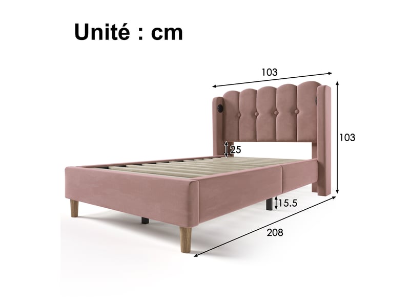  Lit simple 90 x 200 cm - lit adult avec port usb type-c - velours, mdf, métal - sans matelas - rose  - Conforama C