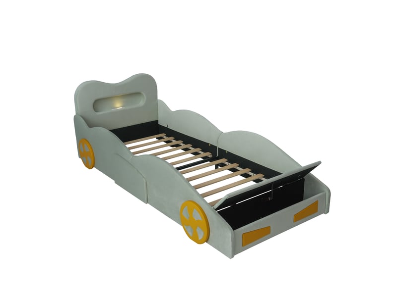  Lit voiture enfant vert 90 x 200 cm en flanelle, liseuse, prise, coffre de rangement  - Conforama D
