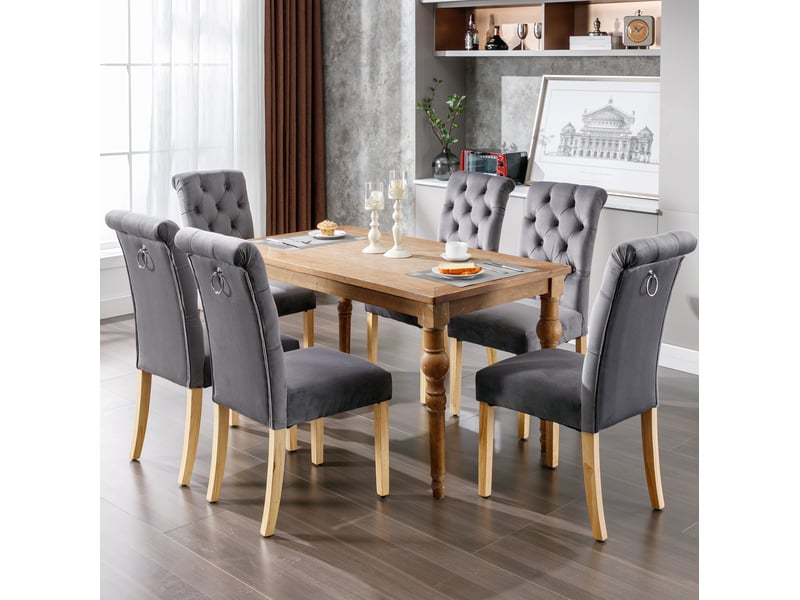  Chaises de salle à manger 6 pièces, ressorts en s et pieds en chêne, velours gris  - Conforama C