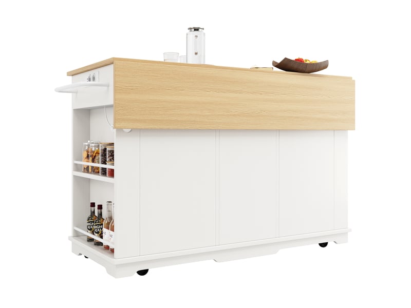  Îlot de cuisine blanc 151,5 cm – plateau rabattable, prises électriques et rangements  - Conforama D