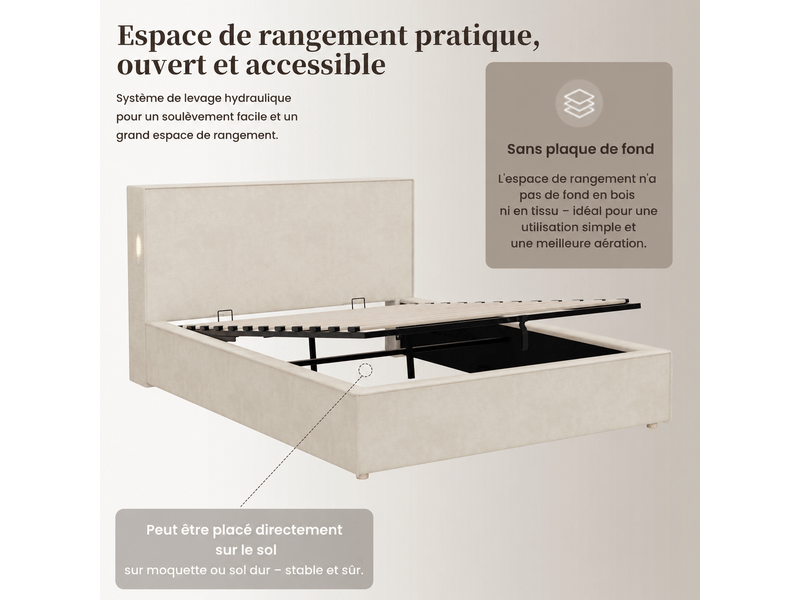  Lit rembourré, lit simple, lit enfant 120 x 200 cm, lit à réglage hydraulique, sommier à lattes, tête de lit rembourrée avec grand espace de rangement, chenille beige  - Conforama D