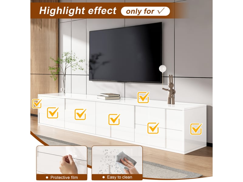  Meuble tv blanc 170 cm finition blanc brillant - suspendu ou sur pied 3 portes 2 tiroirs  - Conforama D