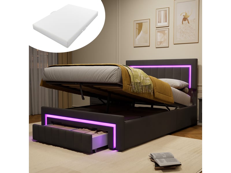  Lit rembourré 140 × 200 cm 2 places avec matelas et éclairage led, lit avec coffre de rangement, lit pour enfant avec tiroirs et roulettes, gris  - Conforama B