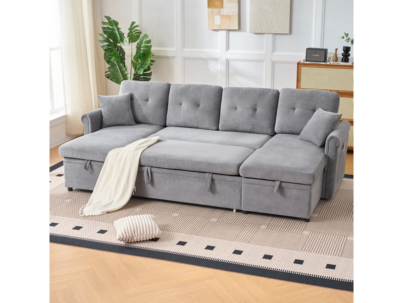  Canapé d'angle convertible en u 4 places gris en tissu 266 x 130 cm, rangements doubles et couchage d'appoint  - Conforama B