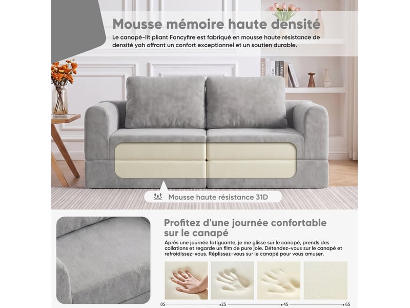  Canapé convertible pliant 160x80x78 cm 2 places, mémoire de forme, dossier, gain de place, flanelle gris  - Conforama E