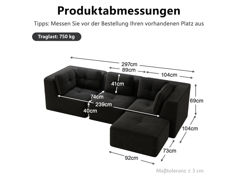  Canapé d'angle modulaire 3 places en velours côtelé noir avec ottomane  - Conforama E