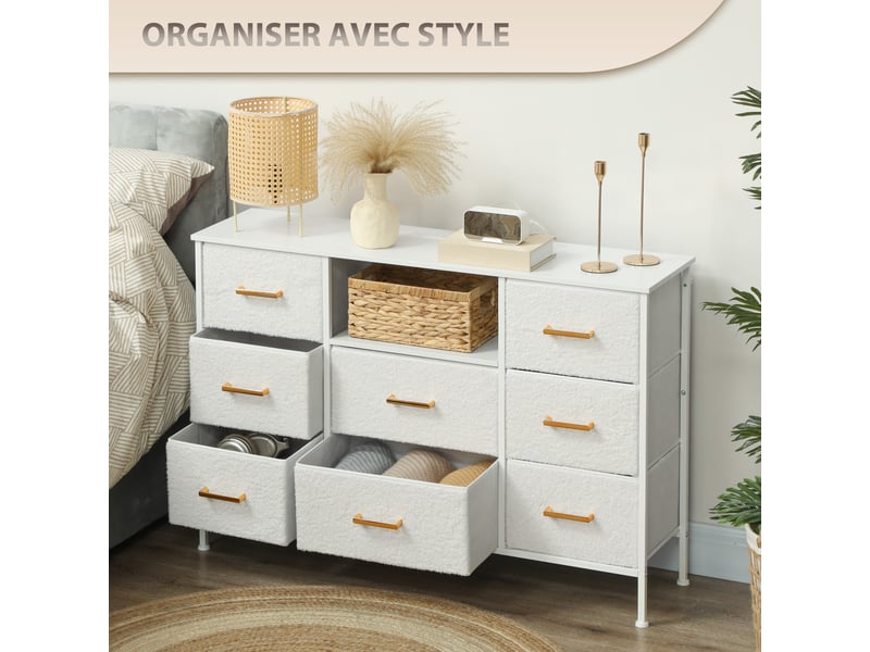  Commode 8 tiroirs en tissu bouclette, structure en acier 110x30x76cm crème, meuble de rangement avec 2 prises de courant  - Conforama R