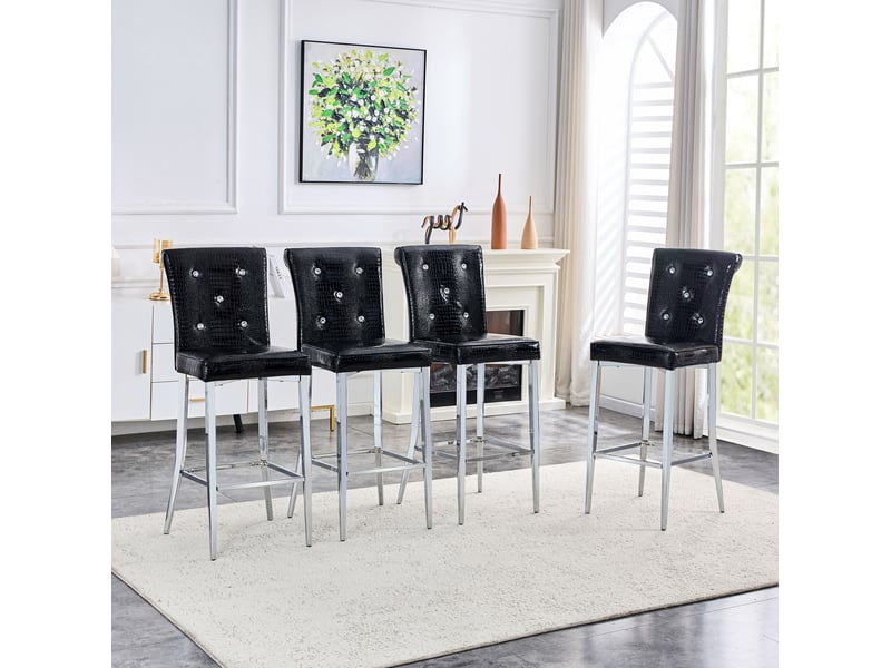  Tabouret de bar lot de 2 à dossier haut avec repose-pieds et boutons cristal, effet crocodile en pvc noir et métal chromé  - Conforama D