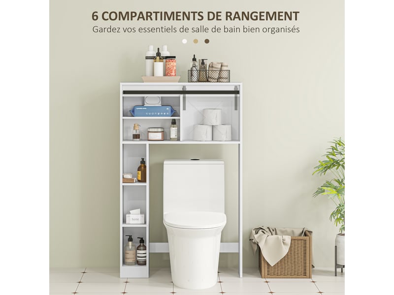  Meuble de rangement au-dessus des toilettes avec porte coulissante, étagère réglable, meuble étagère dessus wc, blanc  - Conforama E