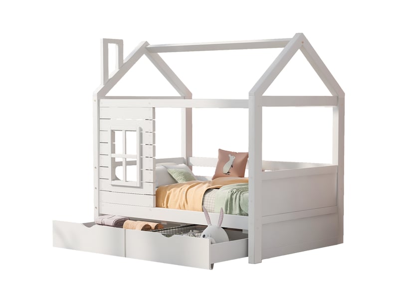 Lit cabane enfant 80x160 bois de pin massif blanc avec barrière et tiroirs pour filles et garçons - Conforama A