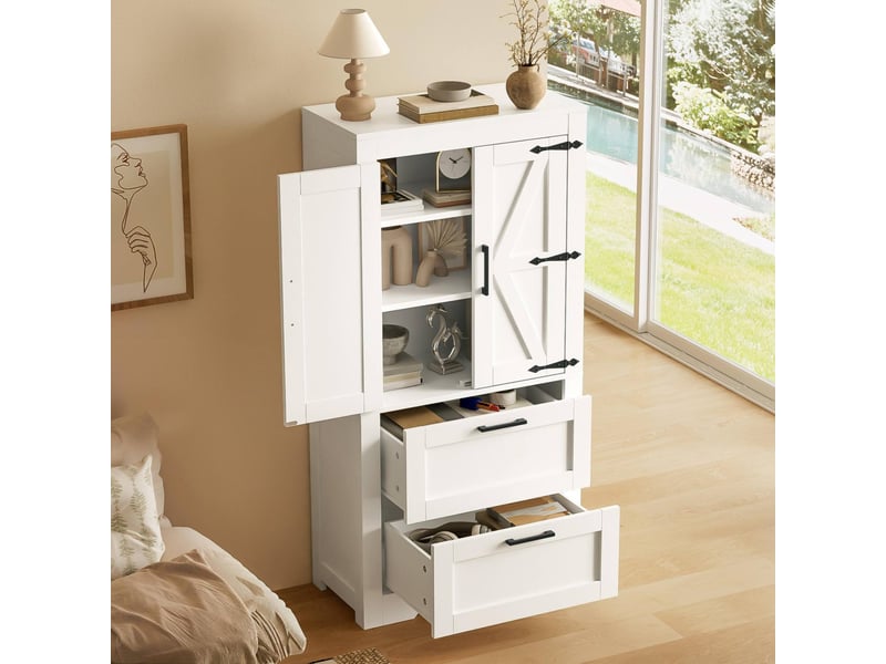  Buffet de cuisine 60x30x128 cm, 2 tiroirs, blanc, style campagne  - Conforama E