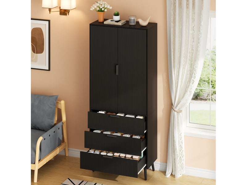  Buffet haut de rangement avec 2 portes, 3 tiroirs et étagères réglables, pieds surélevés pour cuisine en mdf noir  - Conforama D