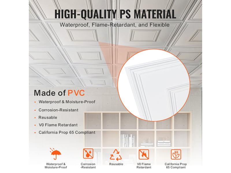  Vevor dalles plafond, lot 12, 24x24 po. Pvc, installation facile, blanc.  - Conforama C