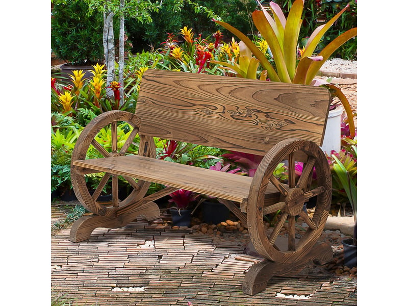  Banc jardin 2 places bois massif, accoudoirs, design roue chariot, max 250 kg, rustique, 114x58x80 cm, marron.  - Conforama C