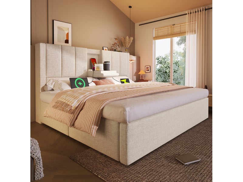  Lit coffre 140x190 cm en lin beige avec station de charge et sommier à lattes  - Conforama D