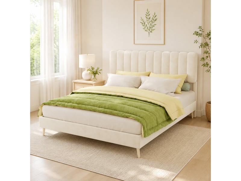  Lit double 200×160 cm en tissu velours beige et métal, sans matelas  - Conforama B