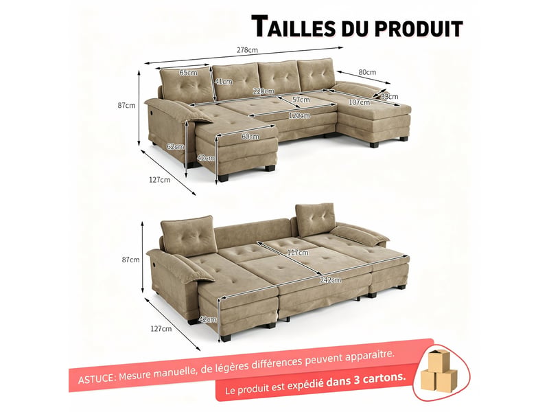  Canapé panoramique en u convertible 278 cm en tissu chenille camel, lit gigogne, port... IKSETERA TRADING LTD - Conforama C