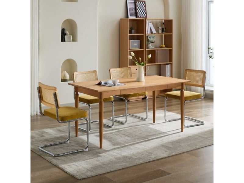  Chaises salle à manger mid-century – lot de 2, velours doré, dossier canné naturel, base acier chromé, breuer, de1851gl  - Conforama E