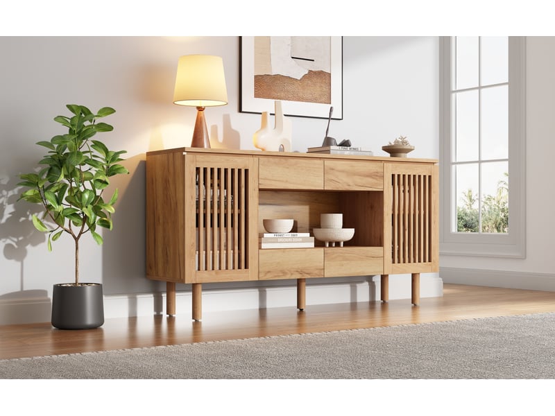  Buffet 140 x 35 x 71 cm avec 4 tiroirs et 2 portes à lames, mdf et pieds en bois, coloris bois naturel  - Conforama D