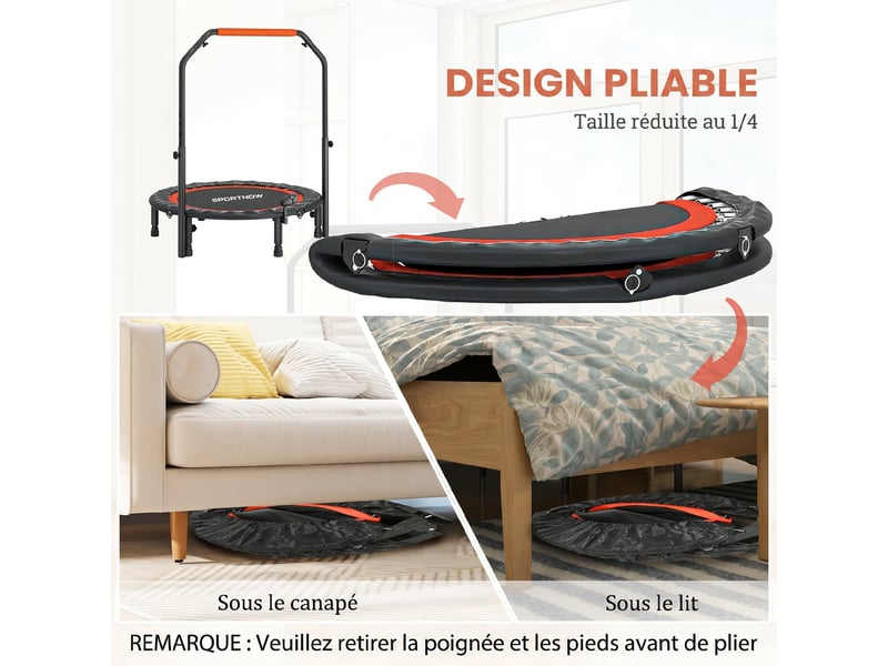  Trampoline de fitness gymnastique avec poignée réglable, pliable, 6 pieds, 28 ressorts ø 102 cm, noir rouge  - Conforama E