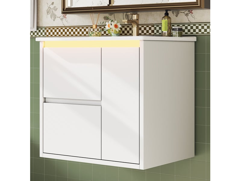 Meuble sous vasque mural led à capteur avec 2 tiroirs et placard à fermeture douce pour salle de bain, 61 × 46,5 × 57 cm - Conforama C